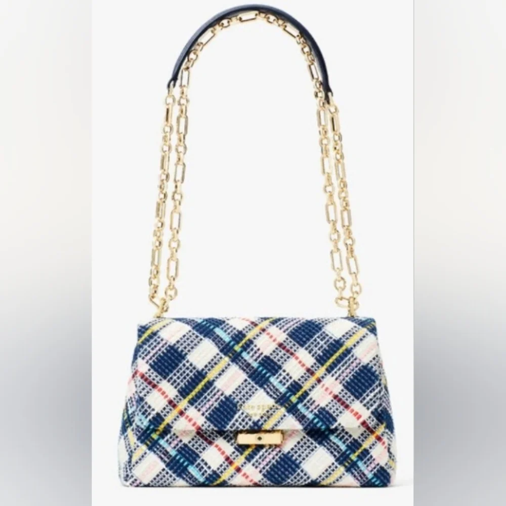 Kate Spade Blue Tweed Carlyle Shoulder Bag Purse $395 Handbag Plaid Gold Chain